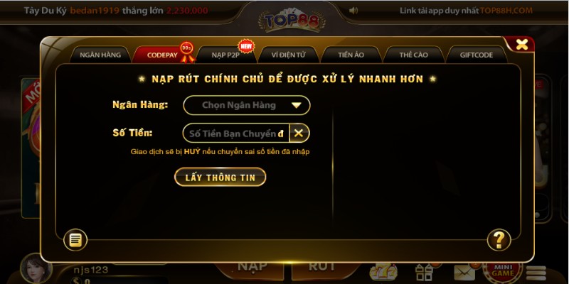 Hướng dẫn nạp tiền TOP88 vô cùng dễ dàng